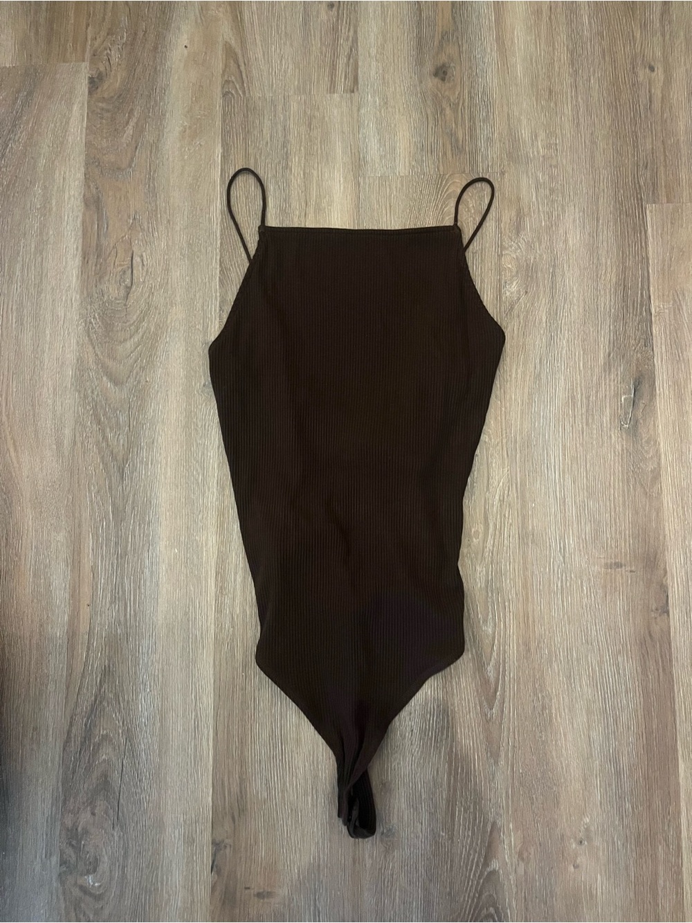 H&M Chocolate Brown Ribbed Square Neck Spaghetti-Strap Bodysuit